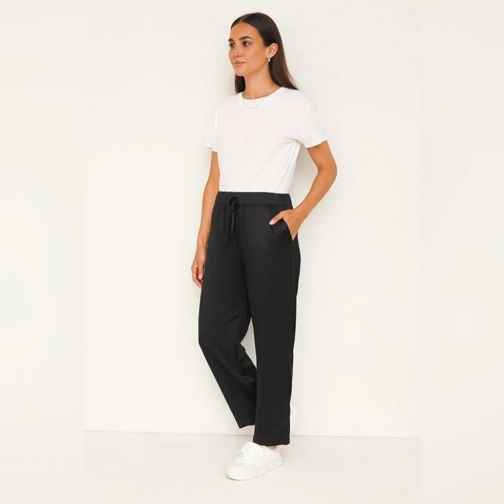 Mara’s Collection Black Satin Pants Size L Luxe Greek Made Relaxed Fit